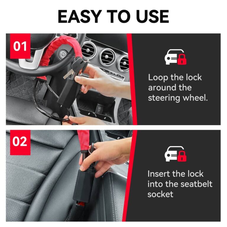 Easy to use: loop the GiocarSafe lock around the steering wheel and insert it into the seatbelt socket
